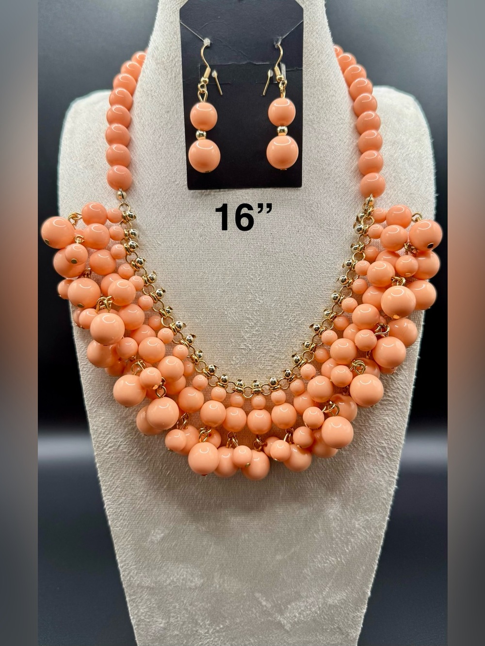 Statement Peach Beaded Necklace and Earrings Set